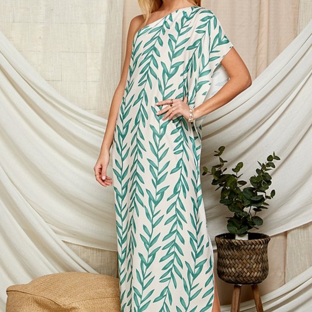 LEAF PRINT ONE SHOULDER SATIN MAXI DRESS